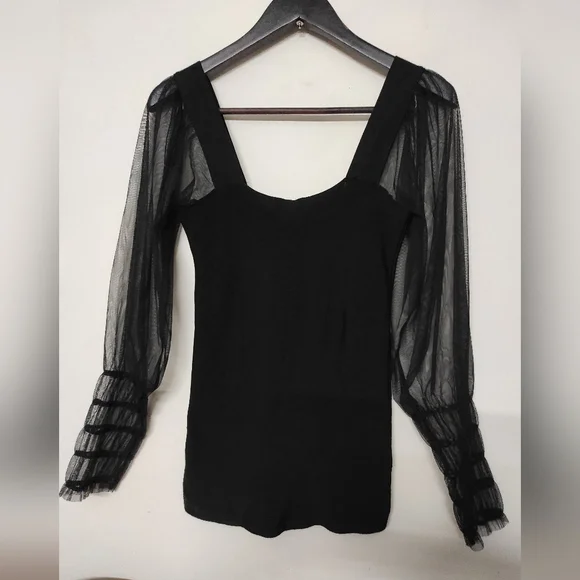 MNG Black Puffed Mesh Sleeve Top - Picture 2 of 12